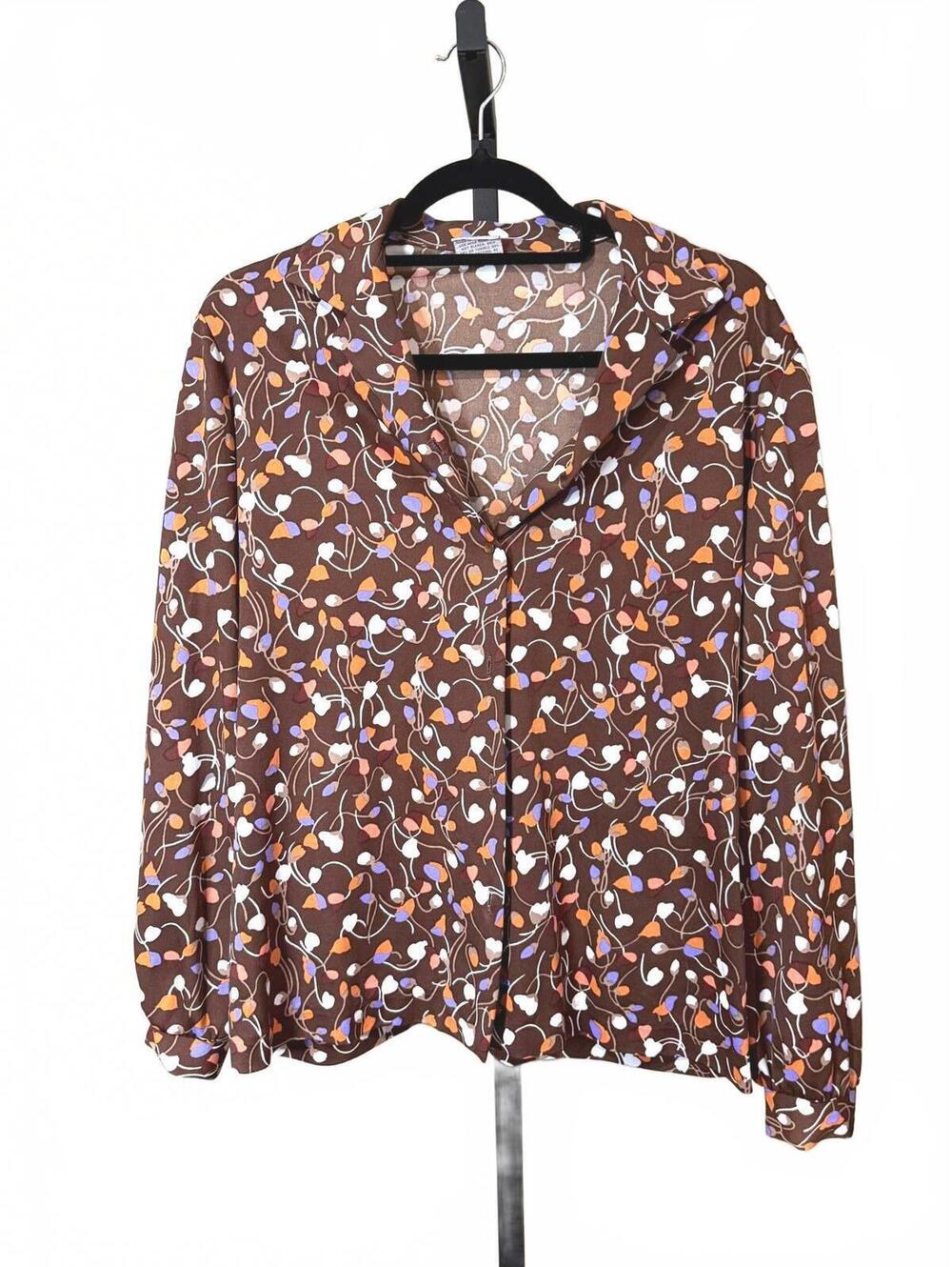 70s Graff Brown Long Sleeve Button-Up Blouse with Floral Print